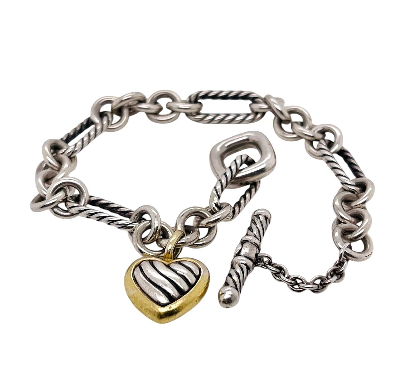 David Yurman Silver 18K Yellow Gold Toggle Heart Charm Bracelet