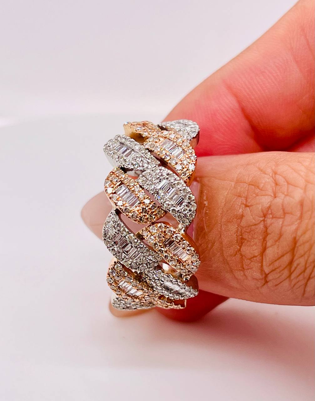 14K Solid Rose And White Gold 2 Ct Natural Round & Baguette Diamond Men's Ring