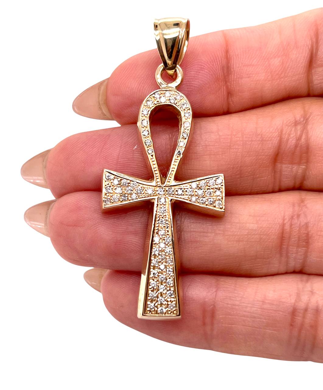 14K Solid Yellow Gold 0.75 Ct Natural Diamond Ankh Cross Pendant