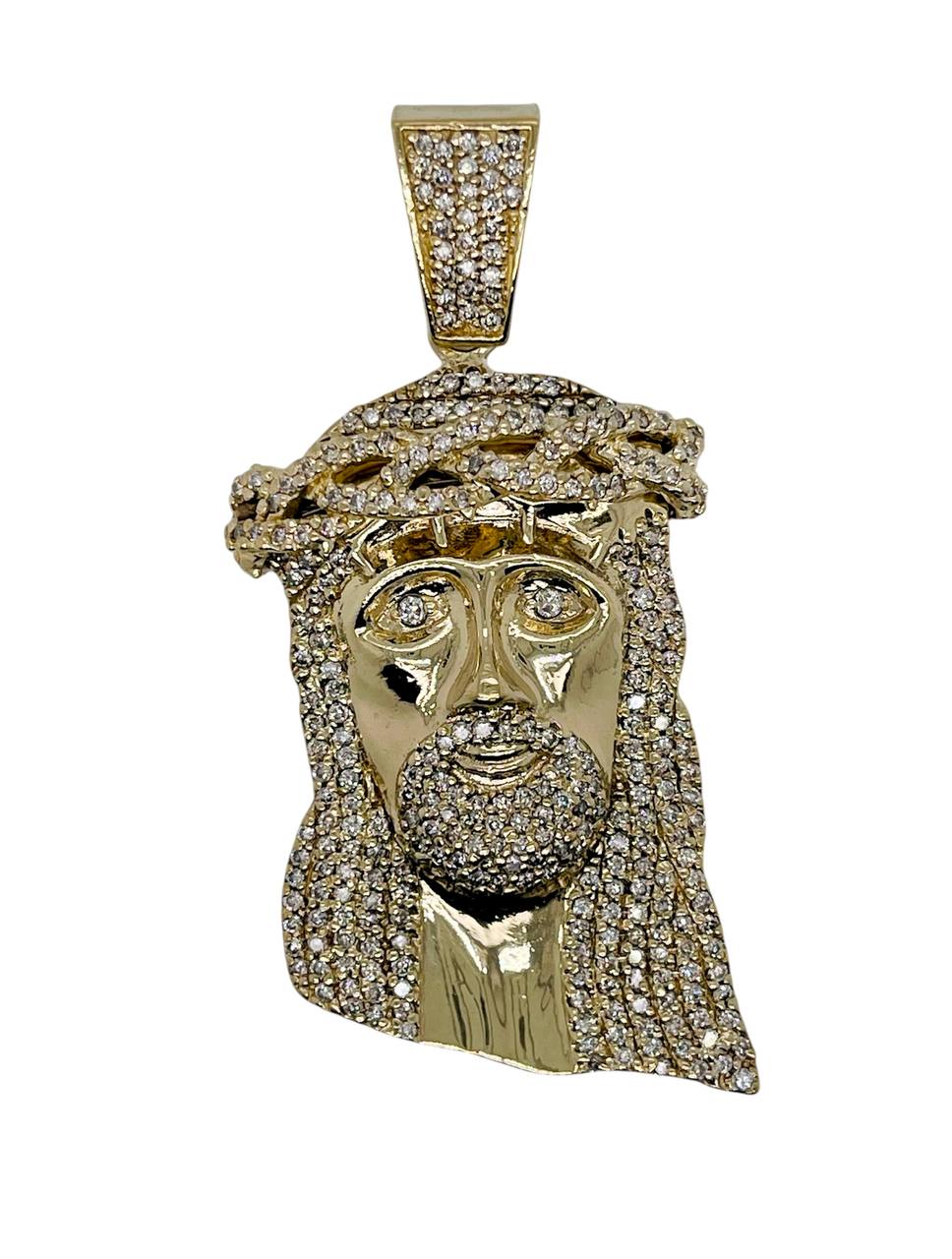 Mens 10K Solid Yellow Gold 3 Ct Natural Diamond Jesus Christ Head Face Pendant
