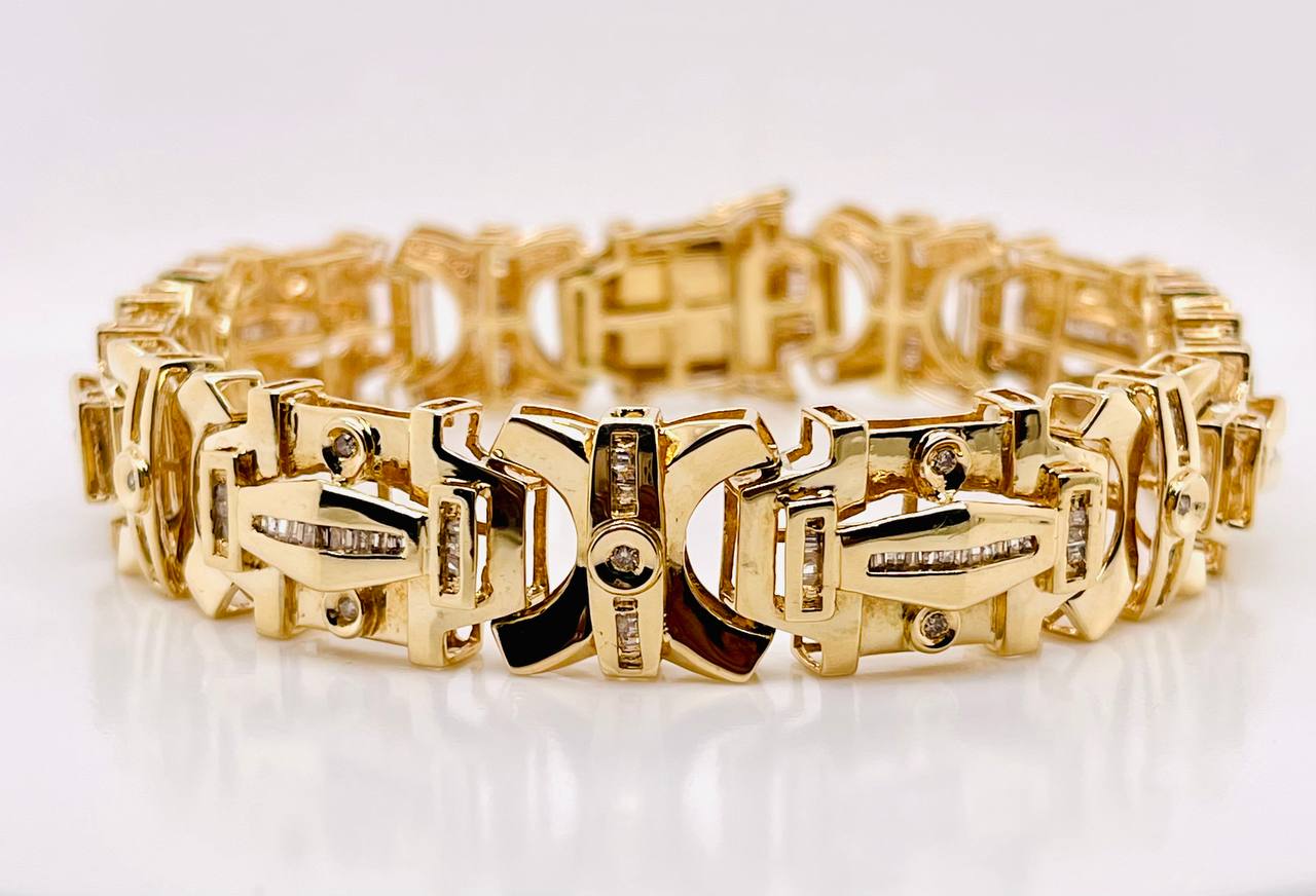 43.9 Gr 14k Gold Natural Baguette Diamond Mens Wide Bracelet 15 MM 9 in