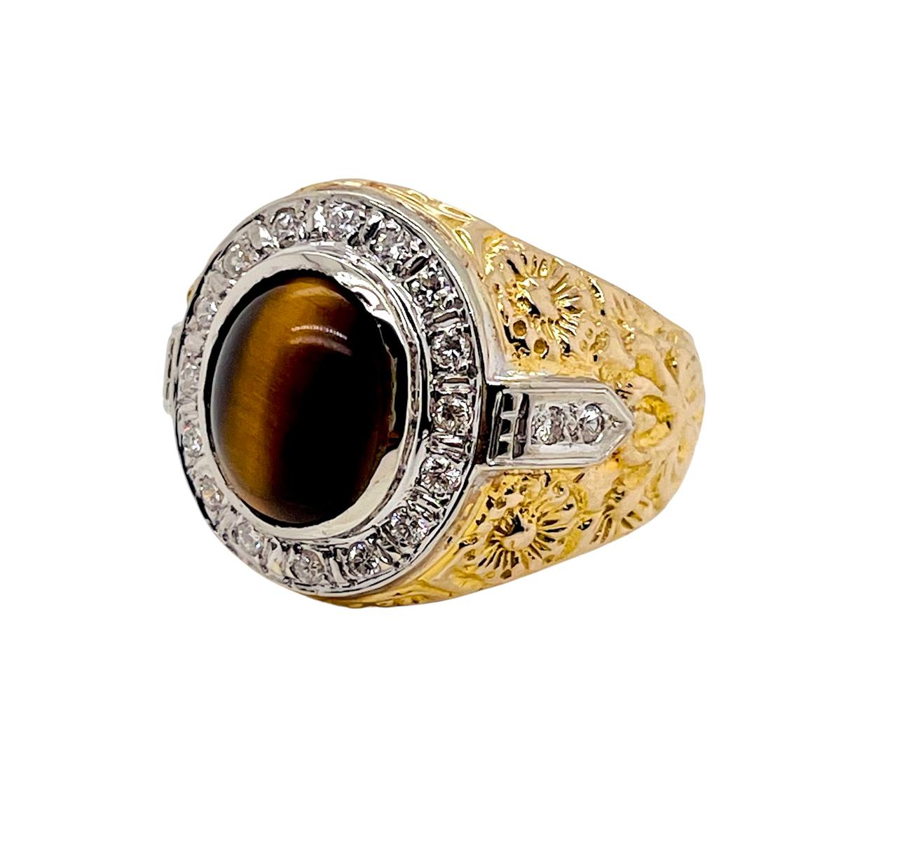 Vintage 14K Solid Yellow Gold Natural Diamond Tiger's Eye Mens Ring 16.3 Grams Size 10