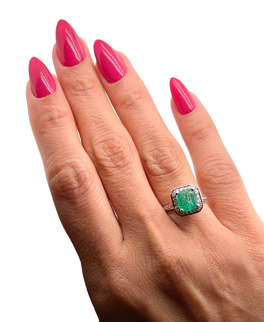 14k Solid White Gold Natural Diamond & Green Emerald Halo Ring 2.21 TCW