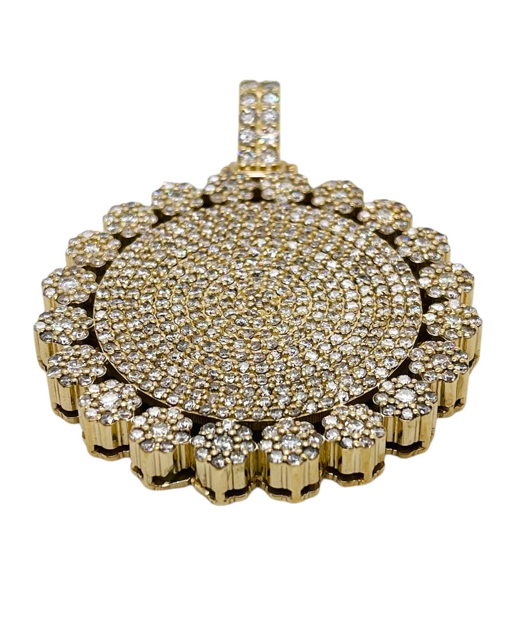 14k Solid Yellow Gold 7 TCW Natural Diamond Flower Round Charm Pendant