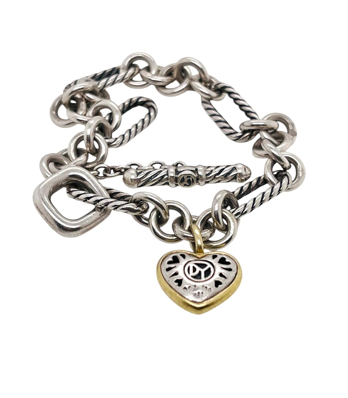 David Yurman Silver 18K Yellow Gold Toggle Heart Charm Bracelet