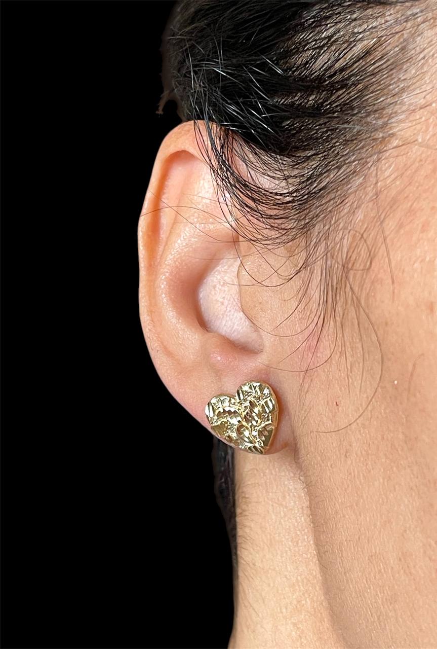 14k Solid Yellow Gold Diamond Cut Nugget Heart Stud Earrings Push Back 14 MM