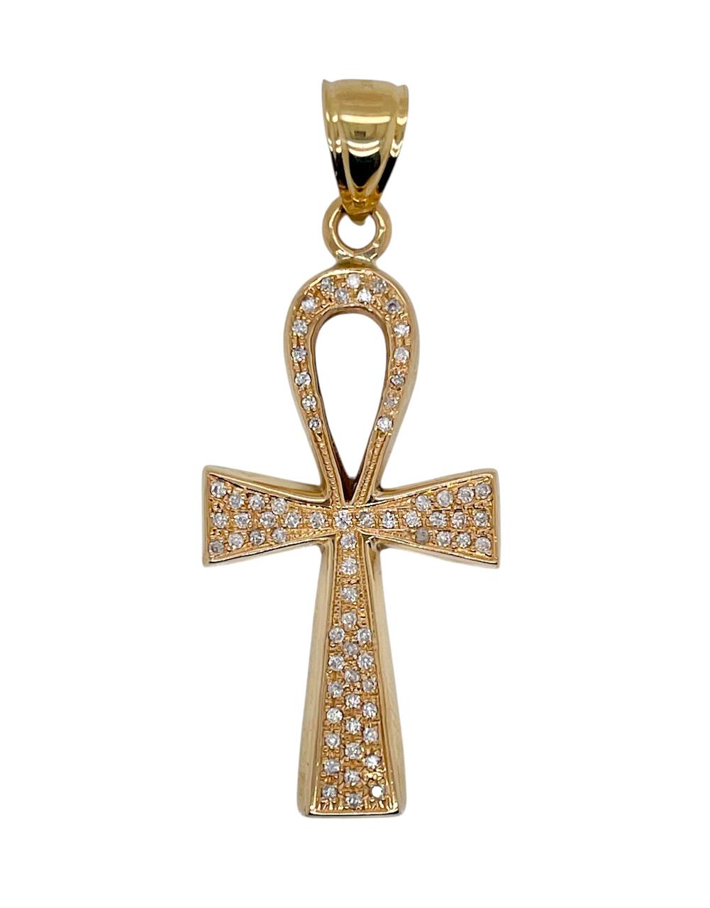 14K Solid Yellow Gold 0.75 Ct Natural Diamond Ankh Cross Pendant