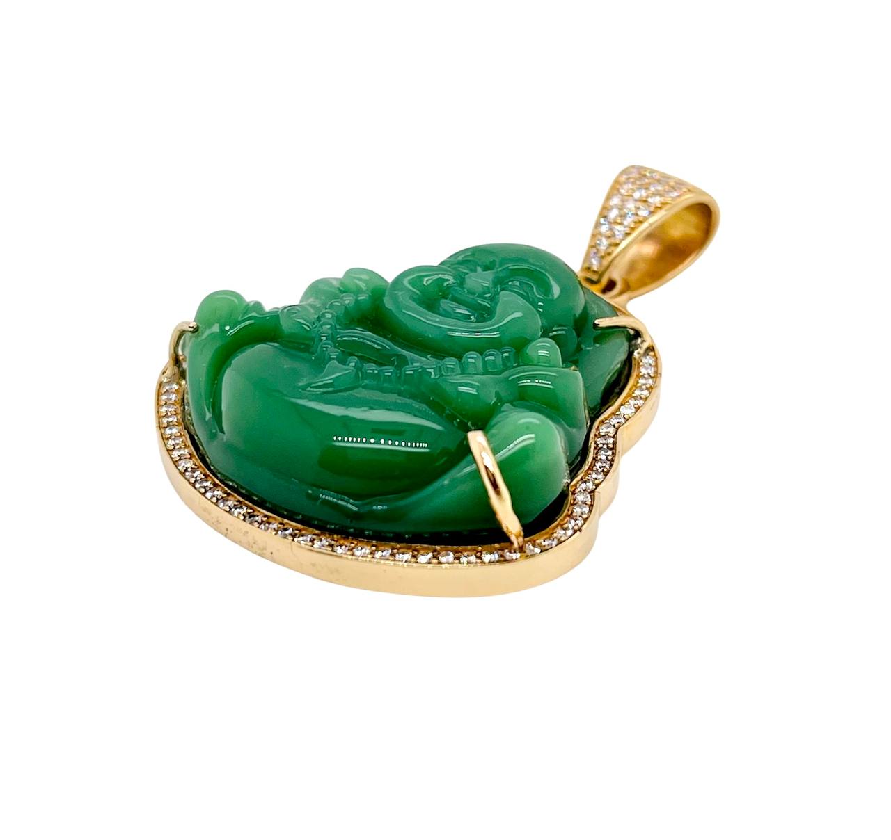 Mens 18K Solid Yellow Gold 1 Ct Natural Diamond Green Jade Buddha Buddhist Pendant 2.17 inches