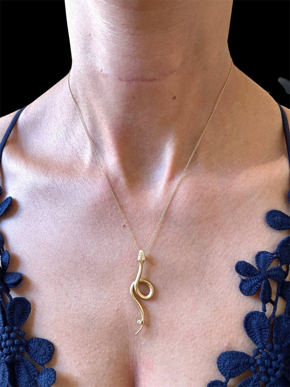 14K Solid Yellow Gold Natural Diamond Snake Pendant Necklace