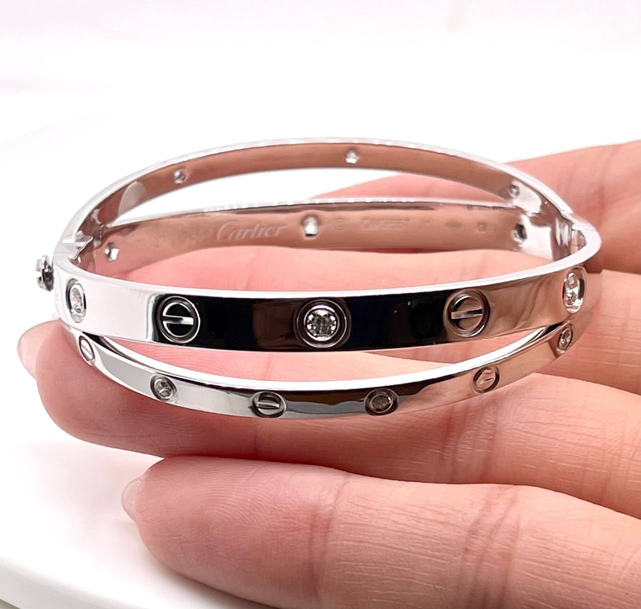 Cartier Double Love Bracelet 12 Diamonds 18k White Gold Size 17