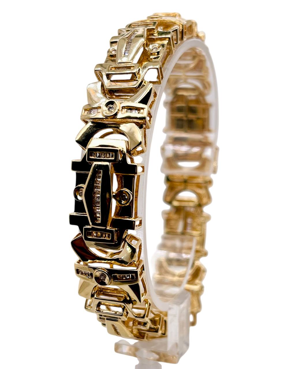 43.9 Gr 14k Gold Natural Baguette Diamond Mens Wide Bracelet 15 MM 9 in
