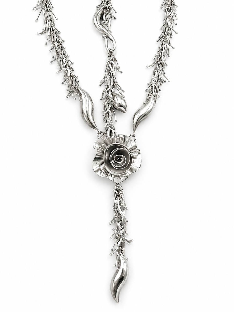 18K White Gold Floral Jewelry Set Necklace Bracelet Earrings 71.1g Estate