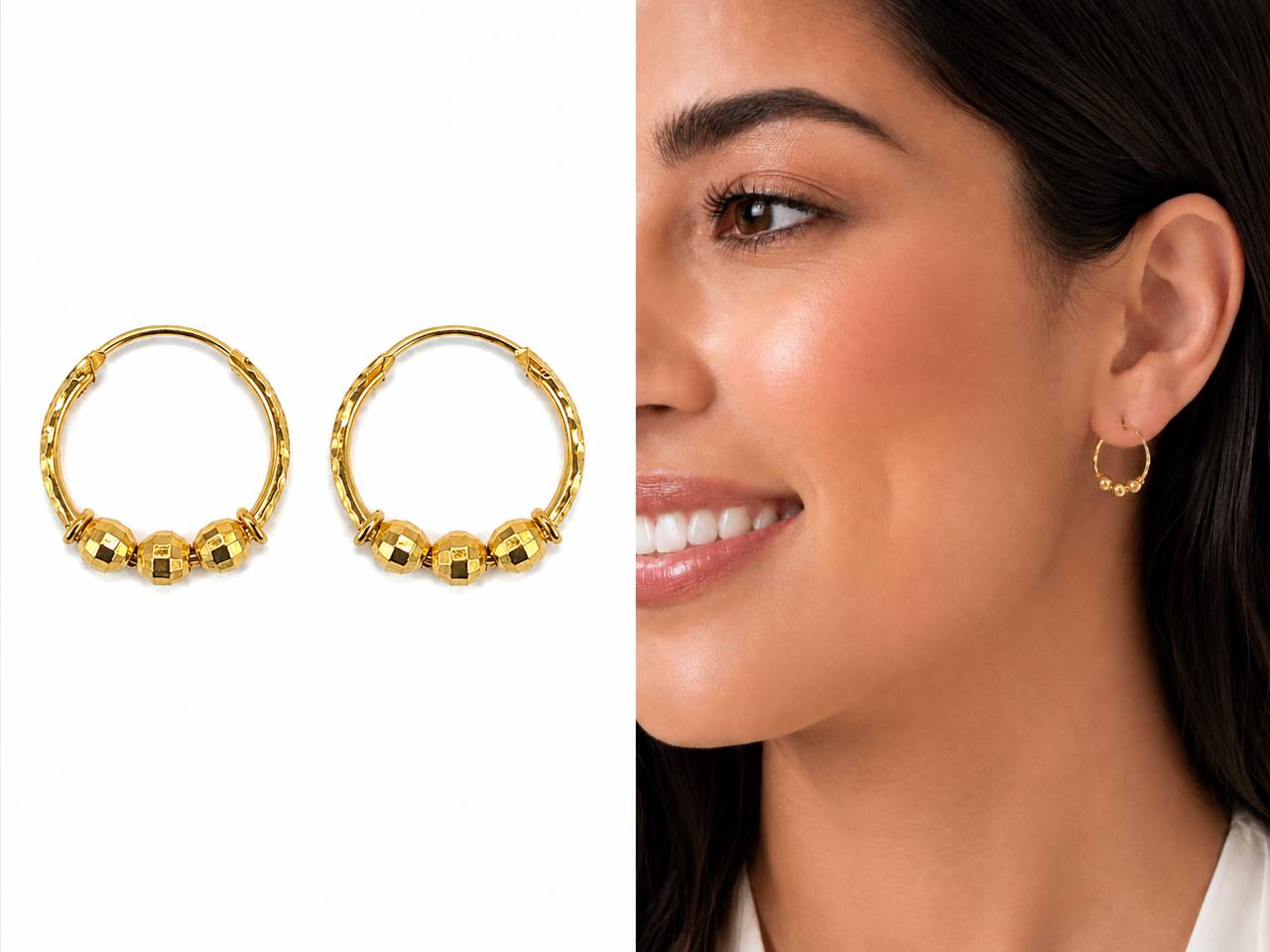21K Yellow Gold Faceted Bead Hoop Earrings 18mm 2.8g