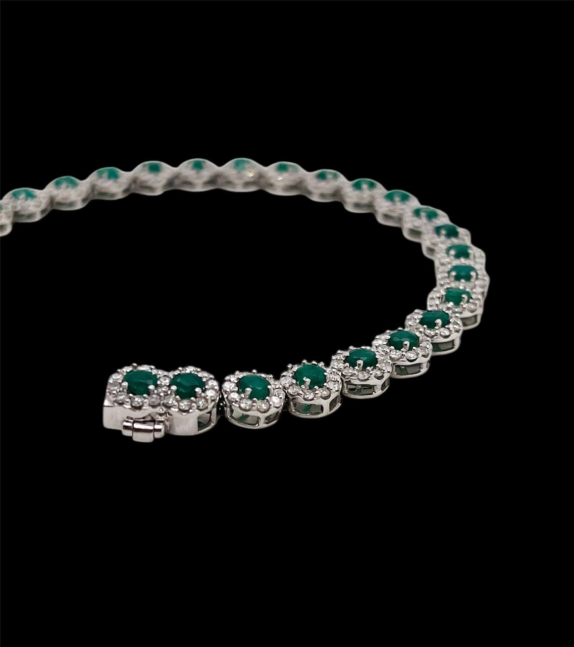 14K White Gold Natural Diamond and Emerald Cluster Tennis Bracelet 7.5"