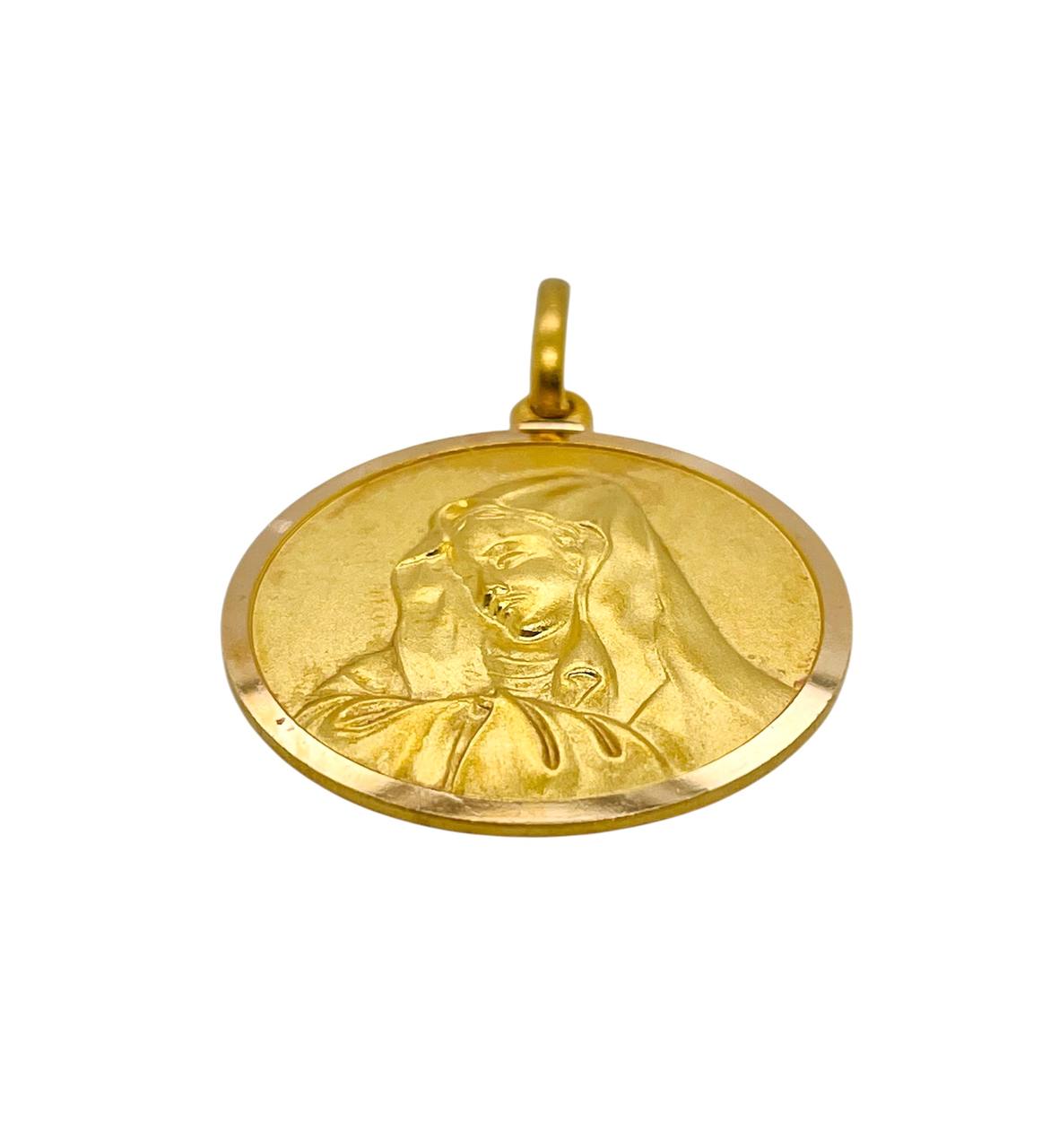 18K Solid Yellow Gold Mother Mary Virgin Mary Round Pendant 15 Grams 30 MM