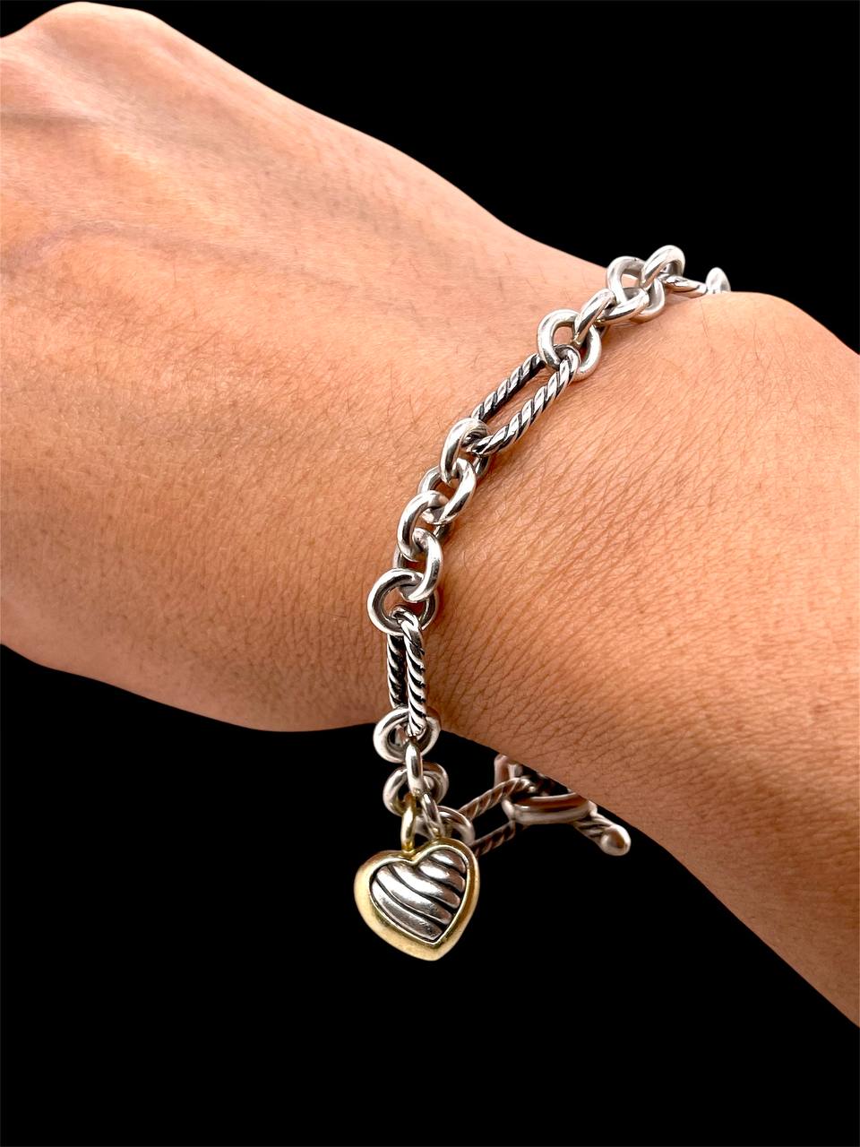 David Yurman Silver 18K Yellow Gold Toggle Heart Charm Bracelet