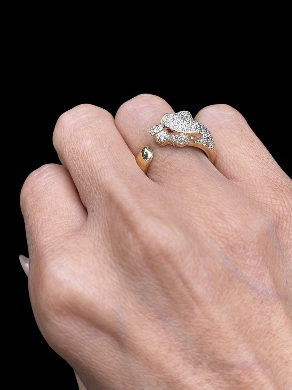 14k Solid Gold 1.5 ct Natural Diamond Panther Leopard Ring Ruby Eyes