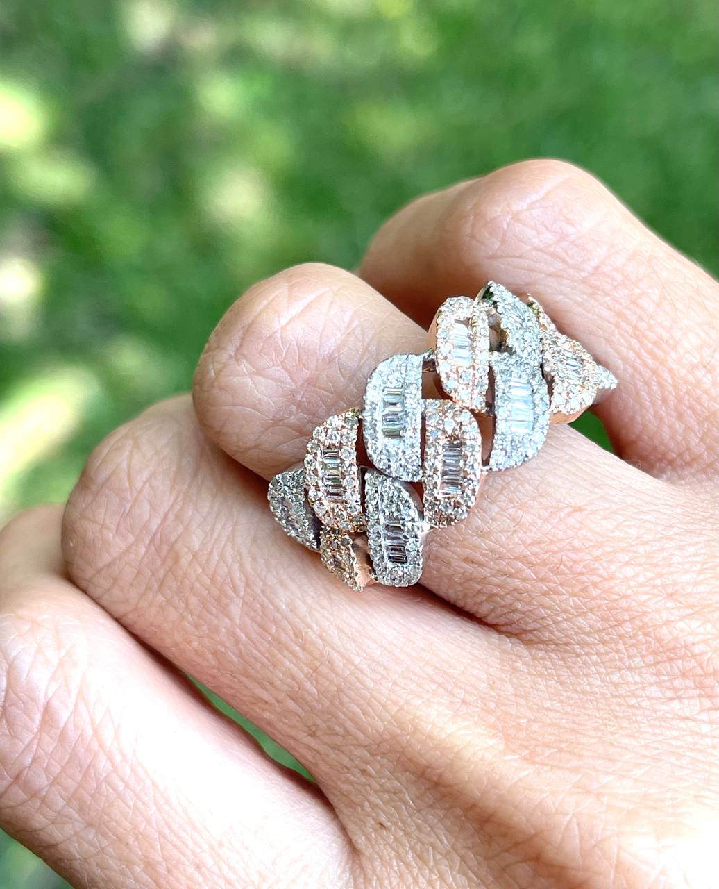 14K Solid Rose And White Gold 2 Ct Natural Round & Baguette Diamond Men's Ring