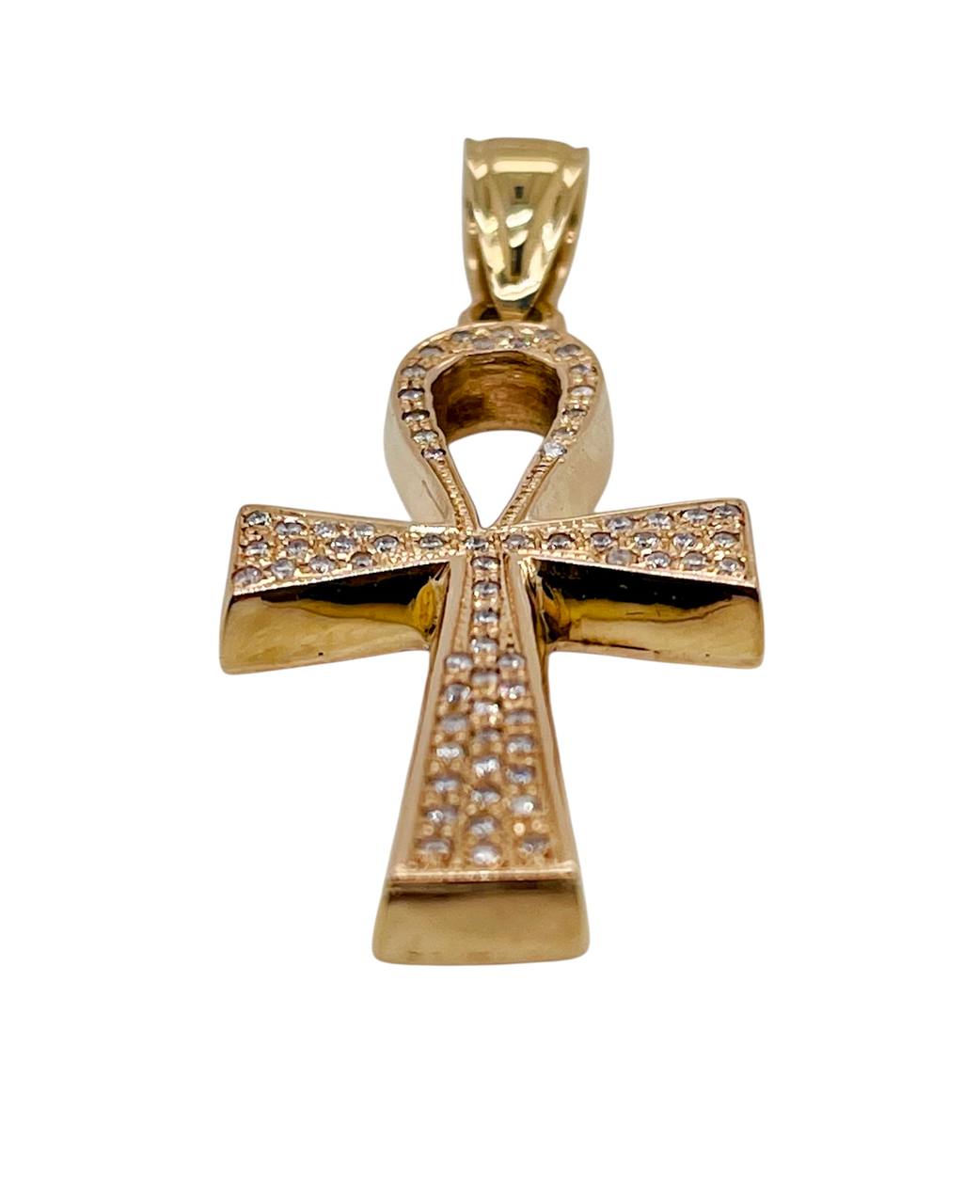 14K Solid Yellow Gold 0.75 Ct Natural Diamond Ankh Cross Pendant