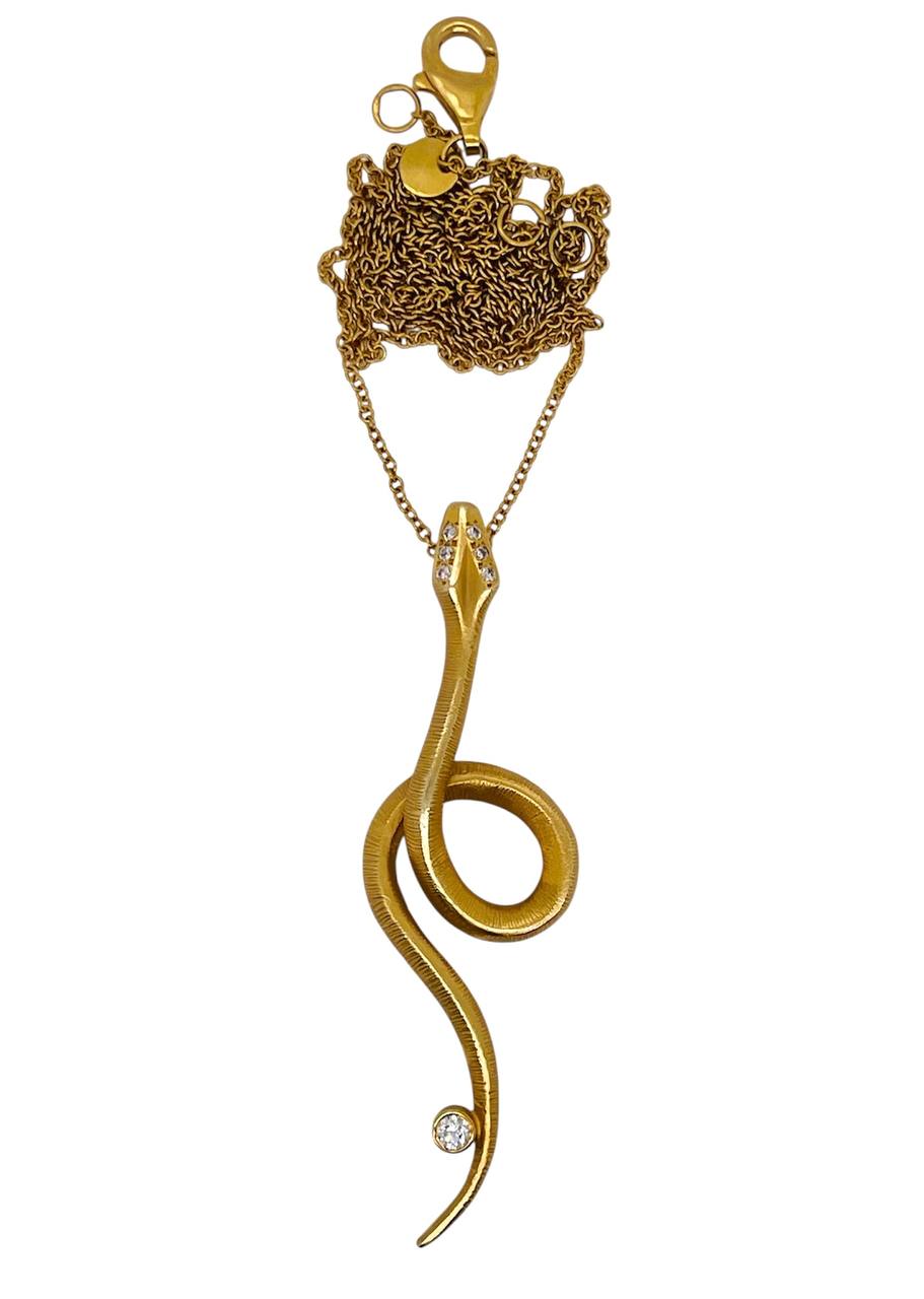14K Solid Yellow Gold Natural Diamond Snake Pendant Necklace