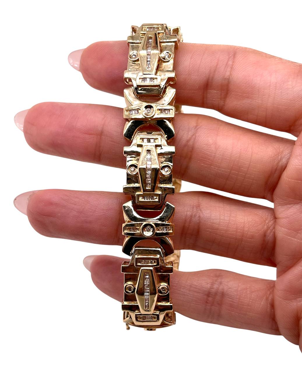 43.9 Gr 14k Gold Natural Baguette Diamond Mens Wide Bracelet 15 MM 9 in