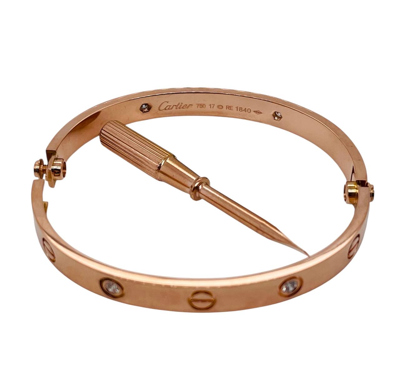 Cartier Love Bracelet 4 Diamonds 18k Rose Gold Size 17