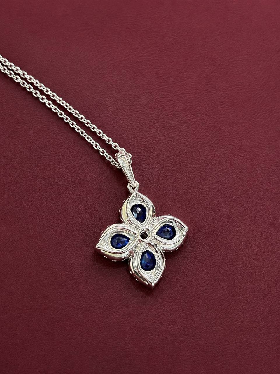 18K White Gold Natural Sapphire & Diamond Quatrefoil Pendant Necklace 1.83 CTW