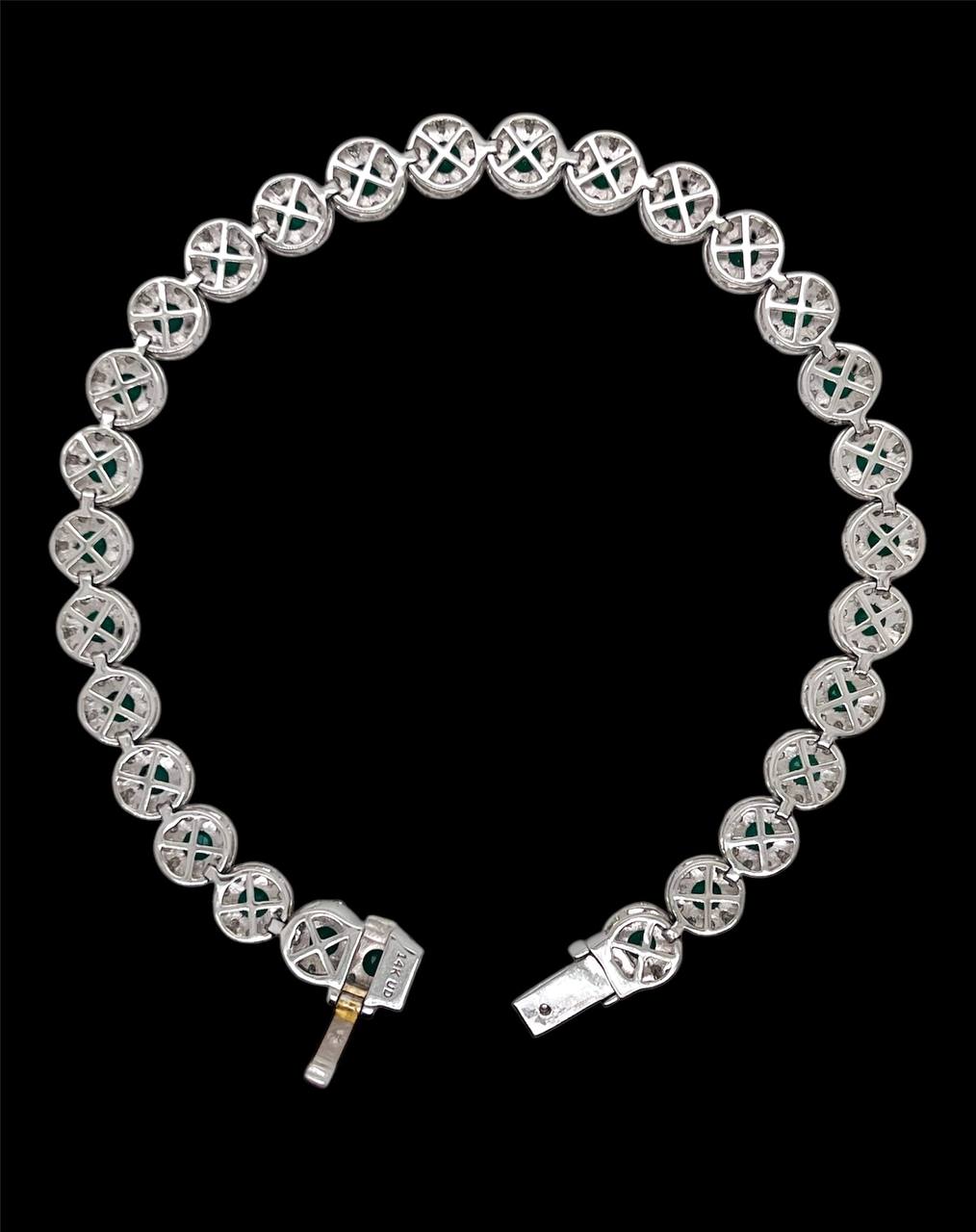 14K White Gold Natural Diamond and Emerald Cluster Tennis Bracelet 7.5"