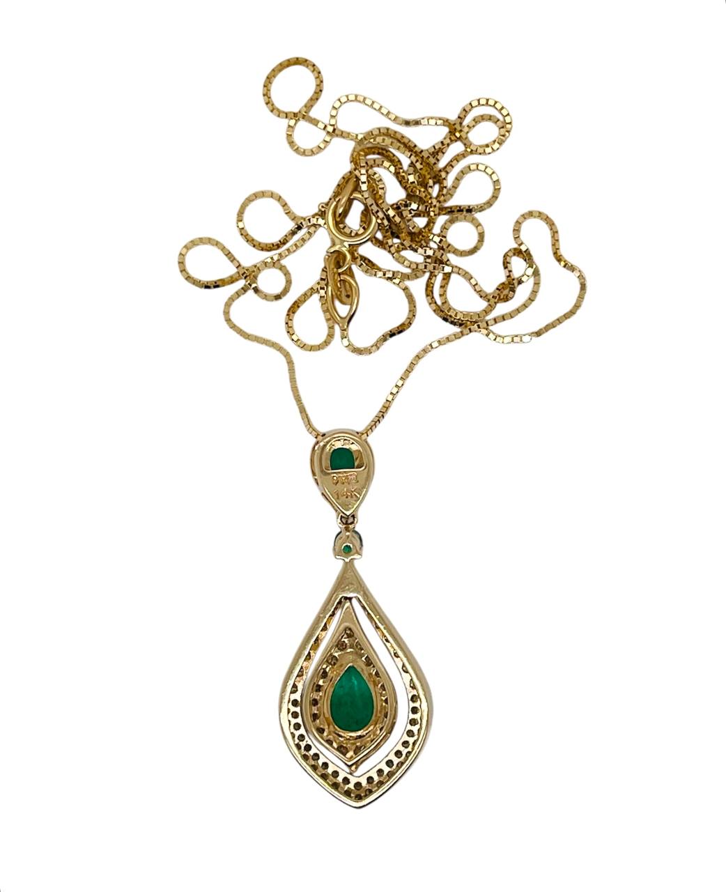 14k Yellow Gold 1.60 TCW Natural Diamond and Emerald Pear Pendant Chain Necklace
