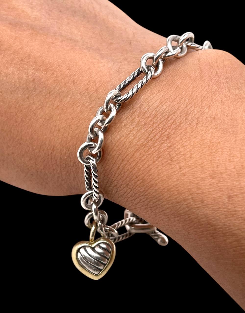 David Yurman Silver 18K Yellow Gold Toggle Heart Charm Bracelet