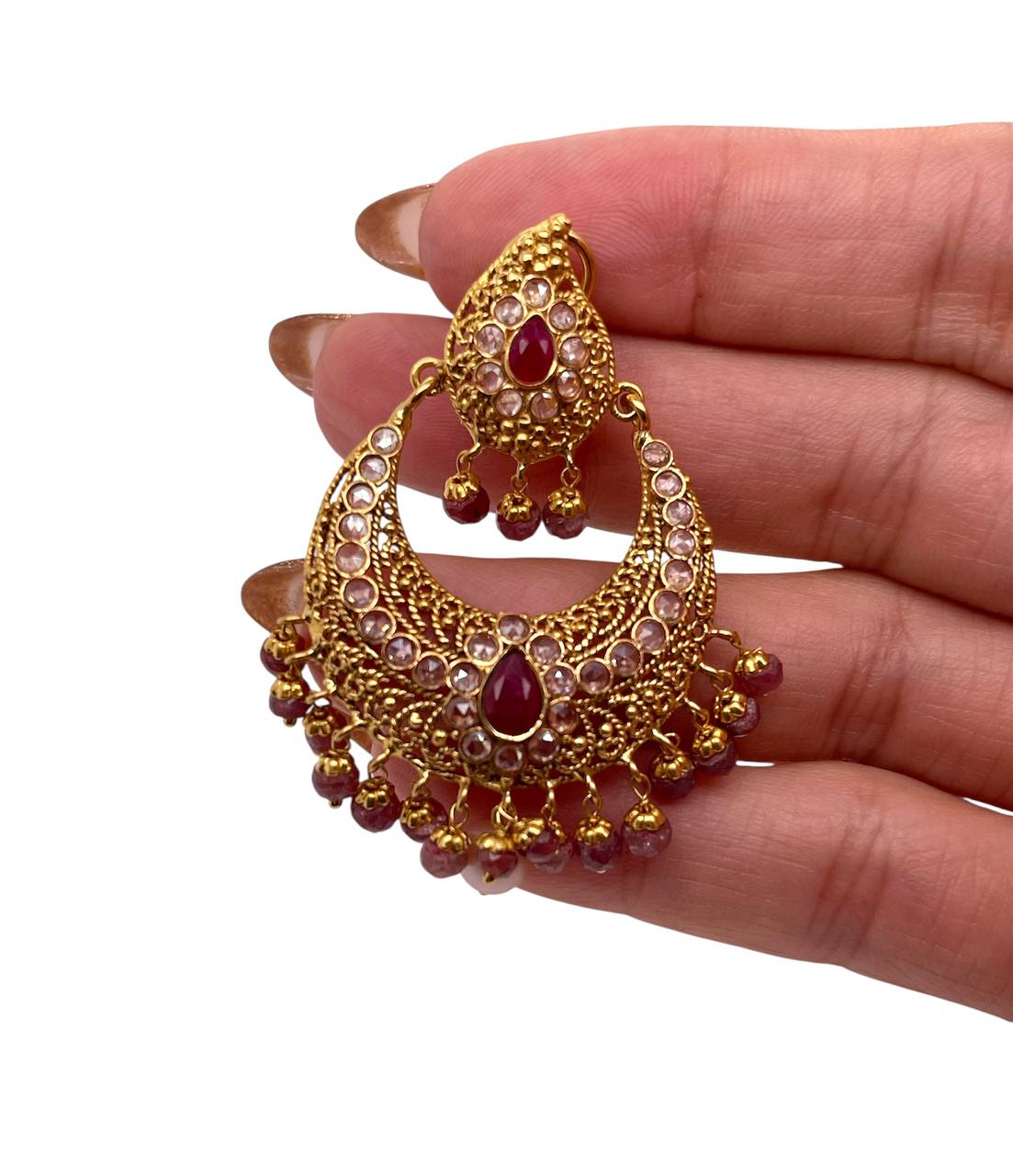 22K Yellow Gold Indian Ethnic Style Drop Dangle Earrings Natural Ruby And White Sapphire 25.8 Grams