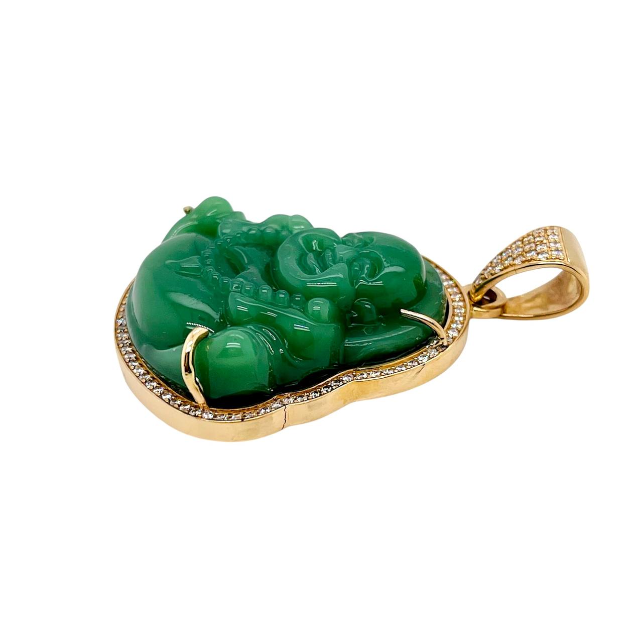 Mens 18K Solid Yellow Gold 1 Ct Natural Diamond Green Jade Buddha Buddhist Pendant 2.17 inches