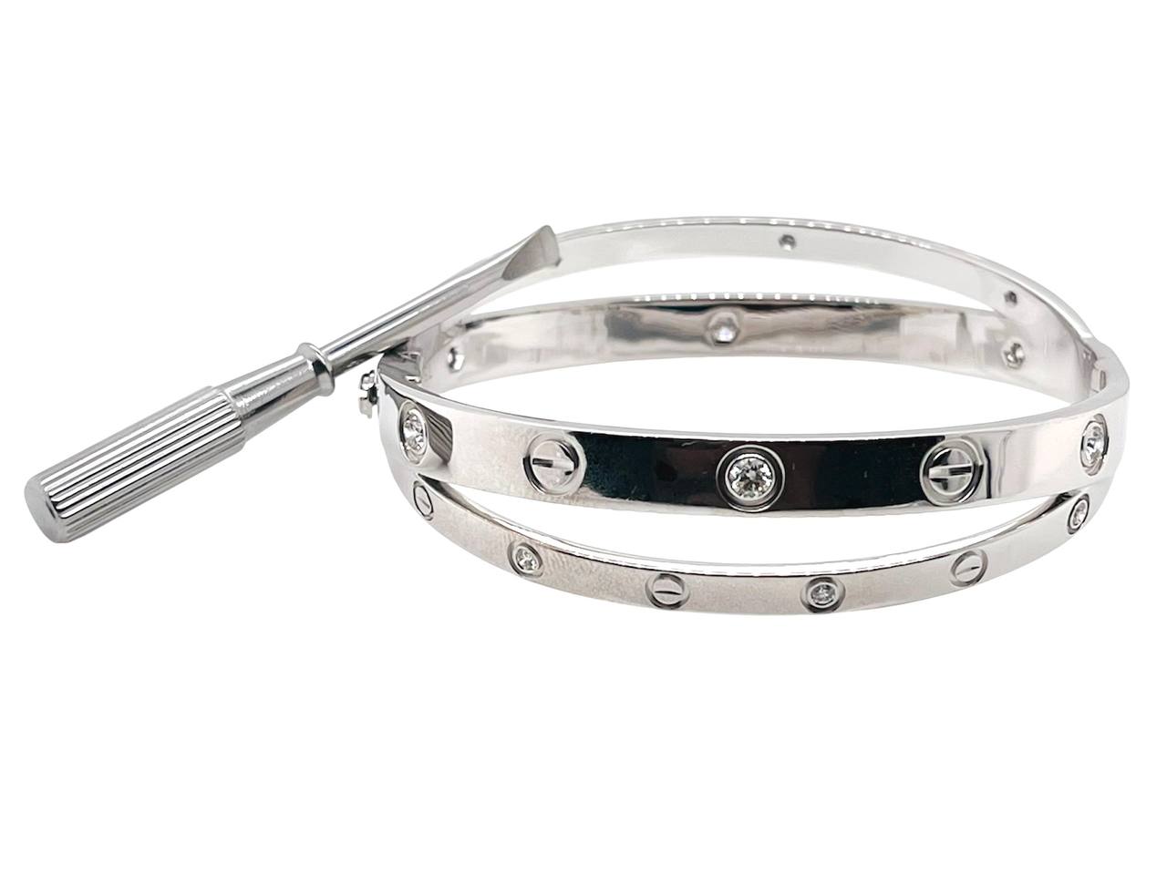 Cartier Double Love Bracelet 12 Diamonds 18k White Gold Size 17