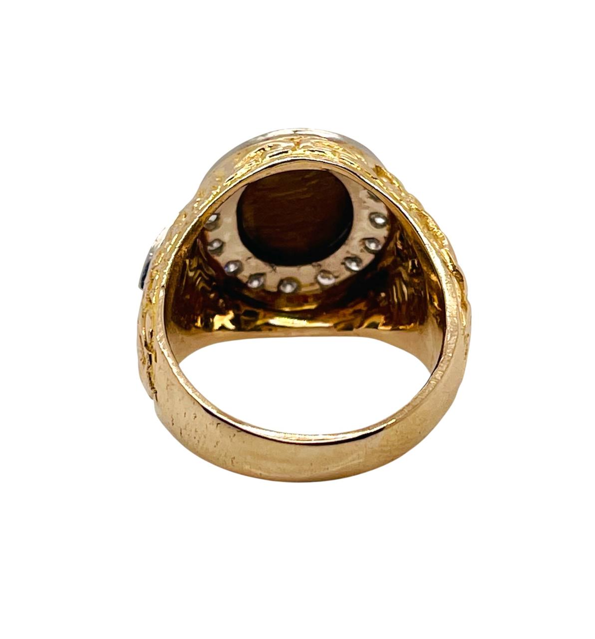 Vintage 14K Solid Yellow Gold Natural Diamond Tiger's Eye Mens Ring 16.3 Grams Size 10