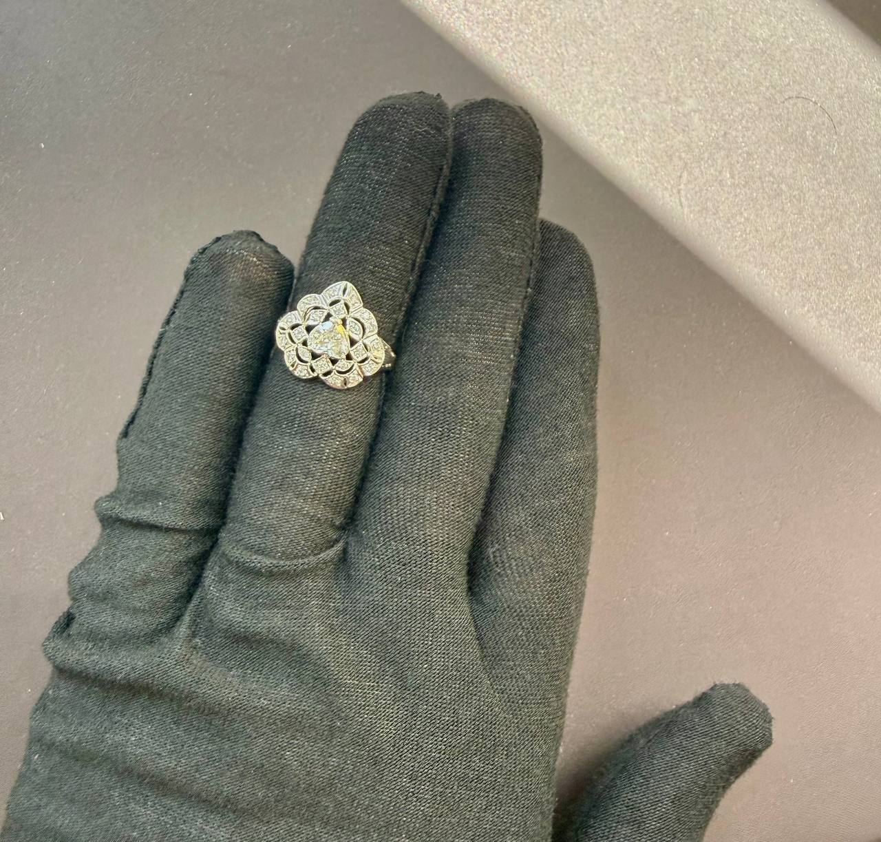 18K White Gold Vintage Heart Diamond Ring 0.65 CTW Art Deco Size 6.5