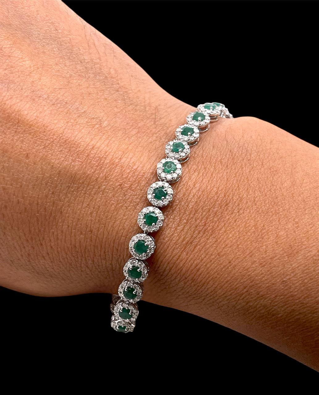 14K White Gold Natural Diamond and Emerald Cluster Tennis Bracelet 7.5"