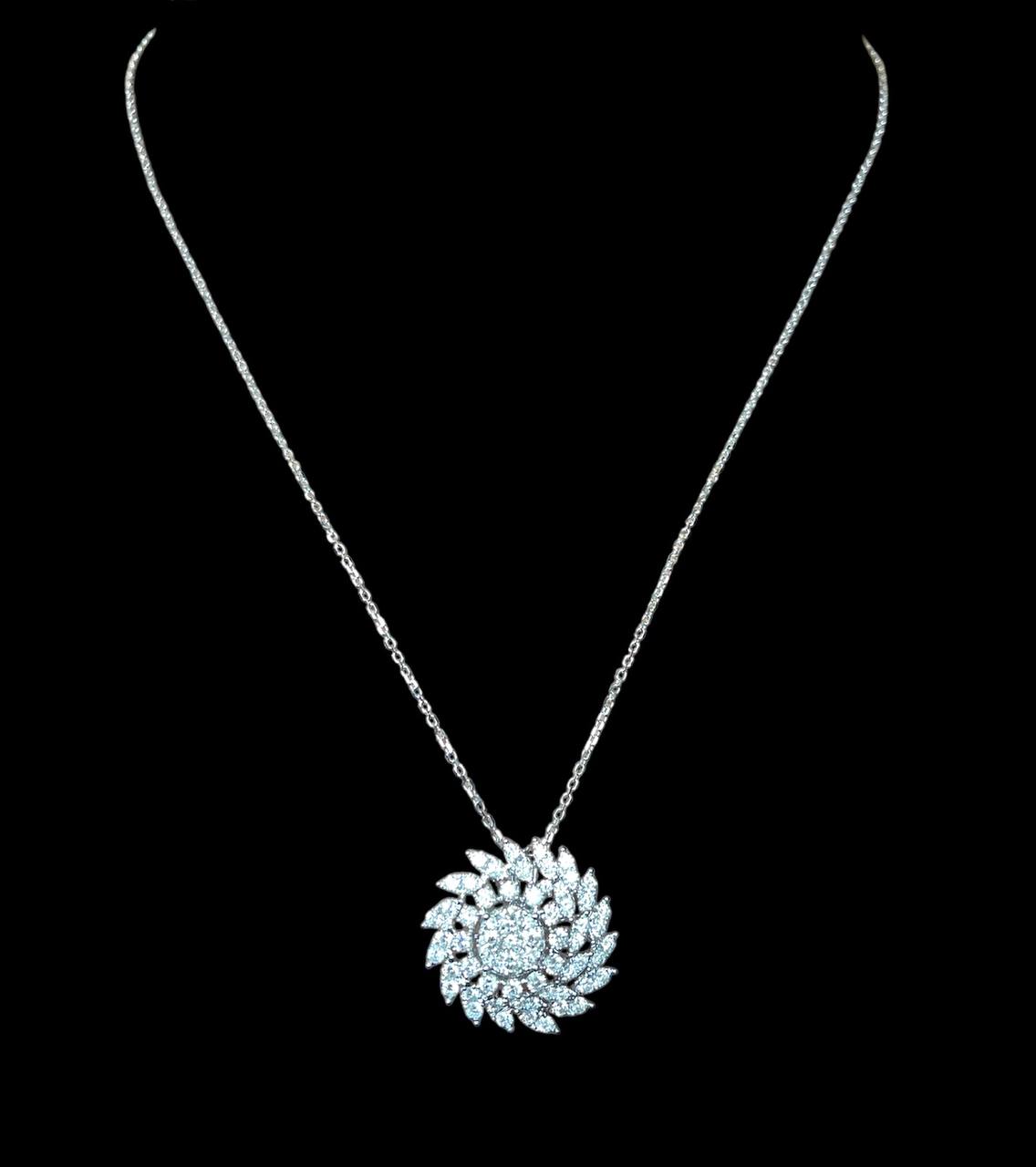 14k Solid White Gold Natural Diamond Round Spiral Pendant Necklace