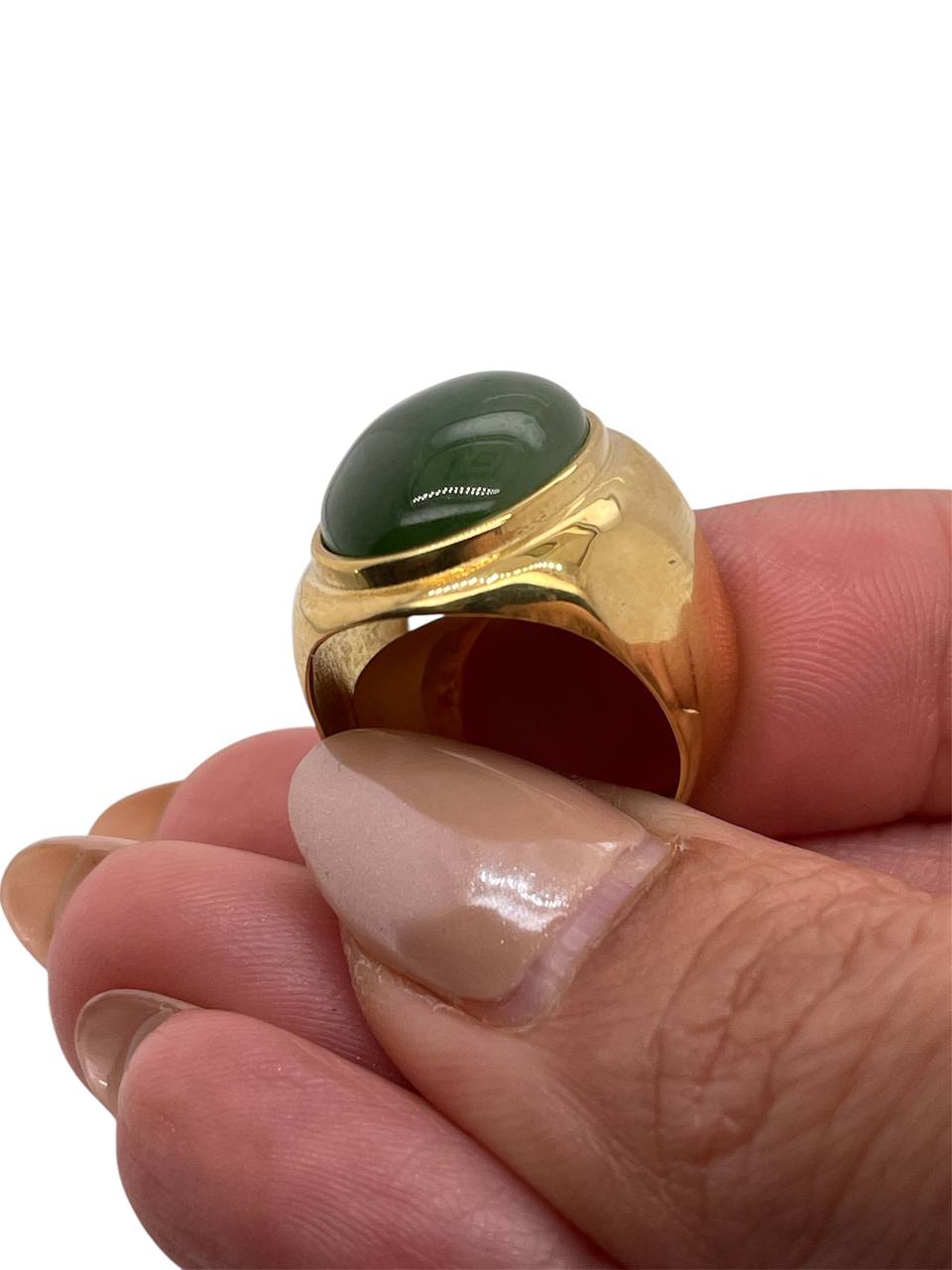 18K Solid Yellow Gold 9.96 TCW Natural Jade Men's Pinky Ring 8.4 Grams Size 8