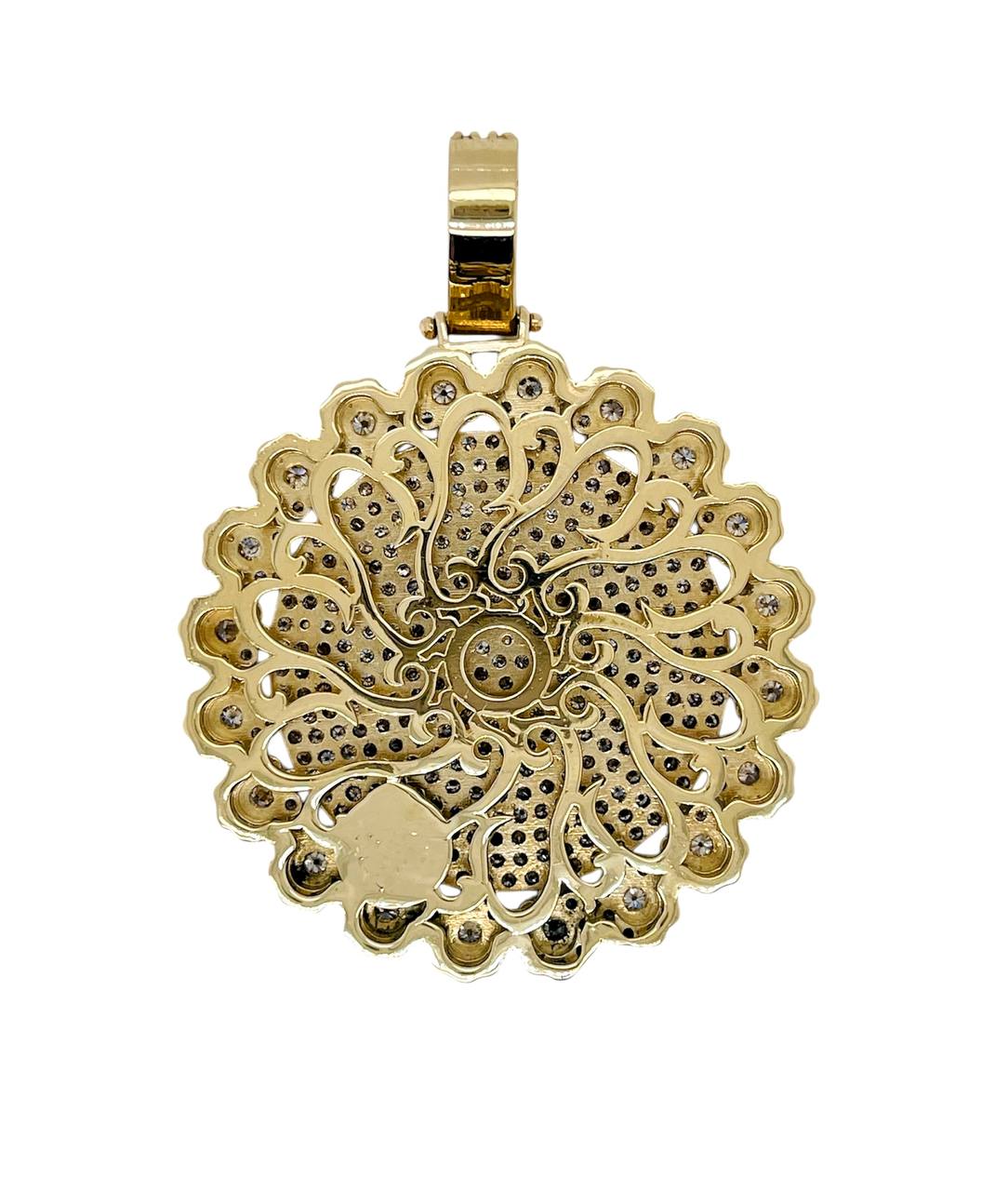 14k Solid Yellow Gold 7 TCW Natural Diamond Flower Round Charm Pendant