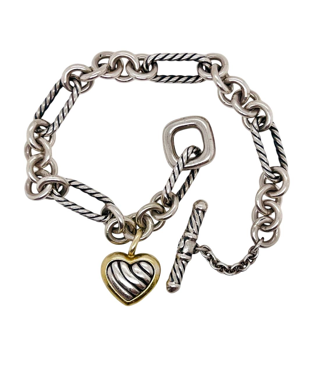 David Yurman Silver 18K Yellow Gold Toggle Heart Charm Bracelet