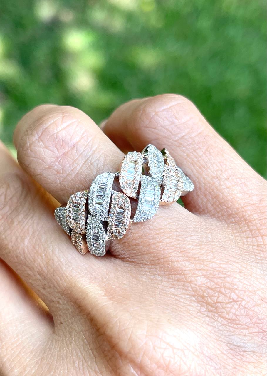 14K Solid Rose And White Gold 2 Ct Natural Round & Baguette Diamond Men's Ring