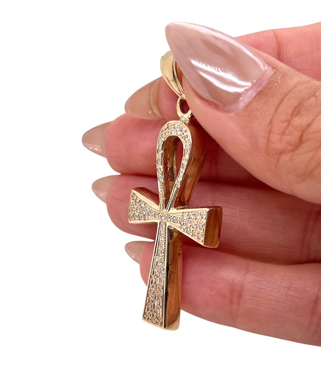 14K Solid Yellow Gold 0.75 Ct Natural Diamond Ankh Cross Pendant