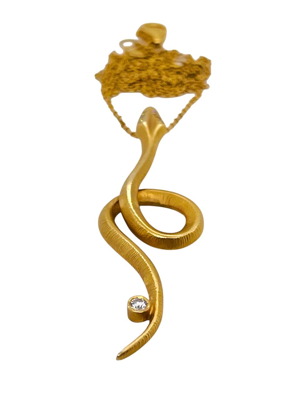 14K Solid Yellow Gold Natural Diamond Snake Pendant Necklace
