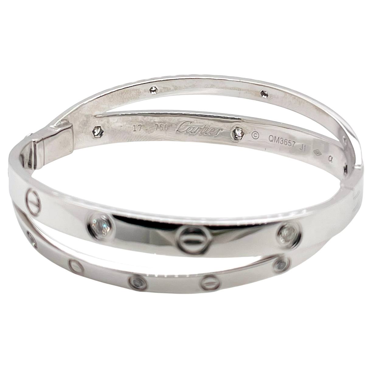 Cartier Double Love Bracelet 12 Diamonds 18k White Gold Size 17