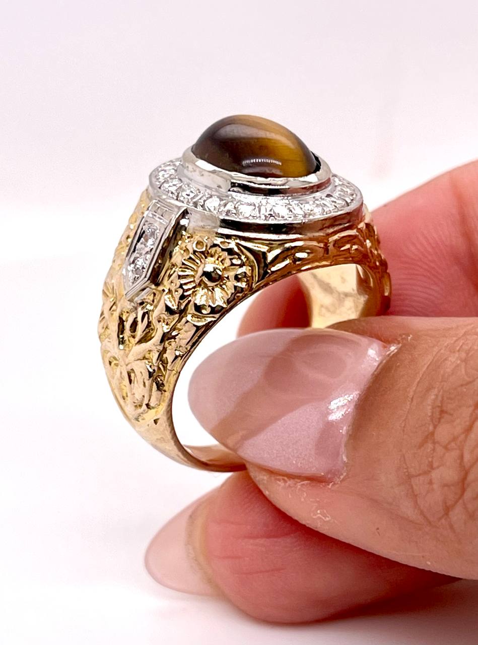 Vintage 14K Solid Yellow Gold Natural Diamond Tiger's Eye Mens Ring 16.3 Grams Size 10