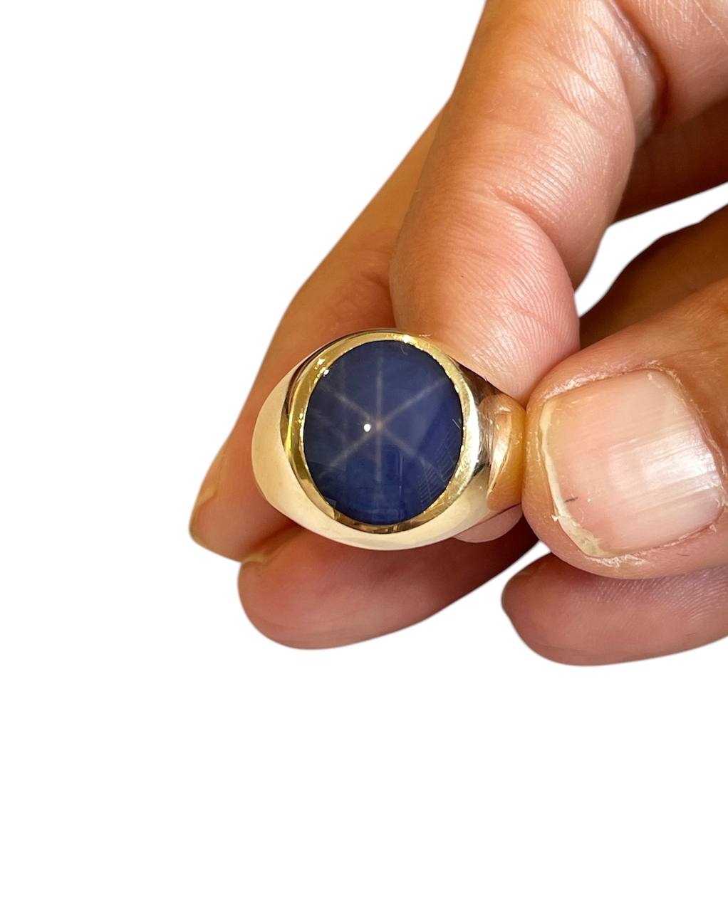 14K Gold Star Sapphire Ring – Blue Cabochon Signet Ring