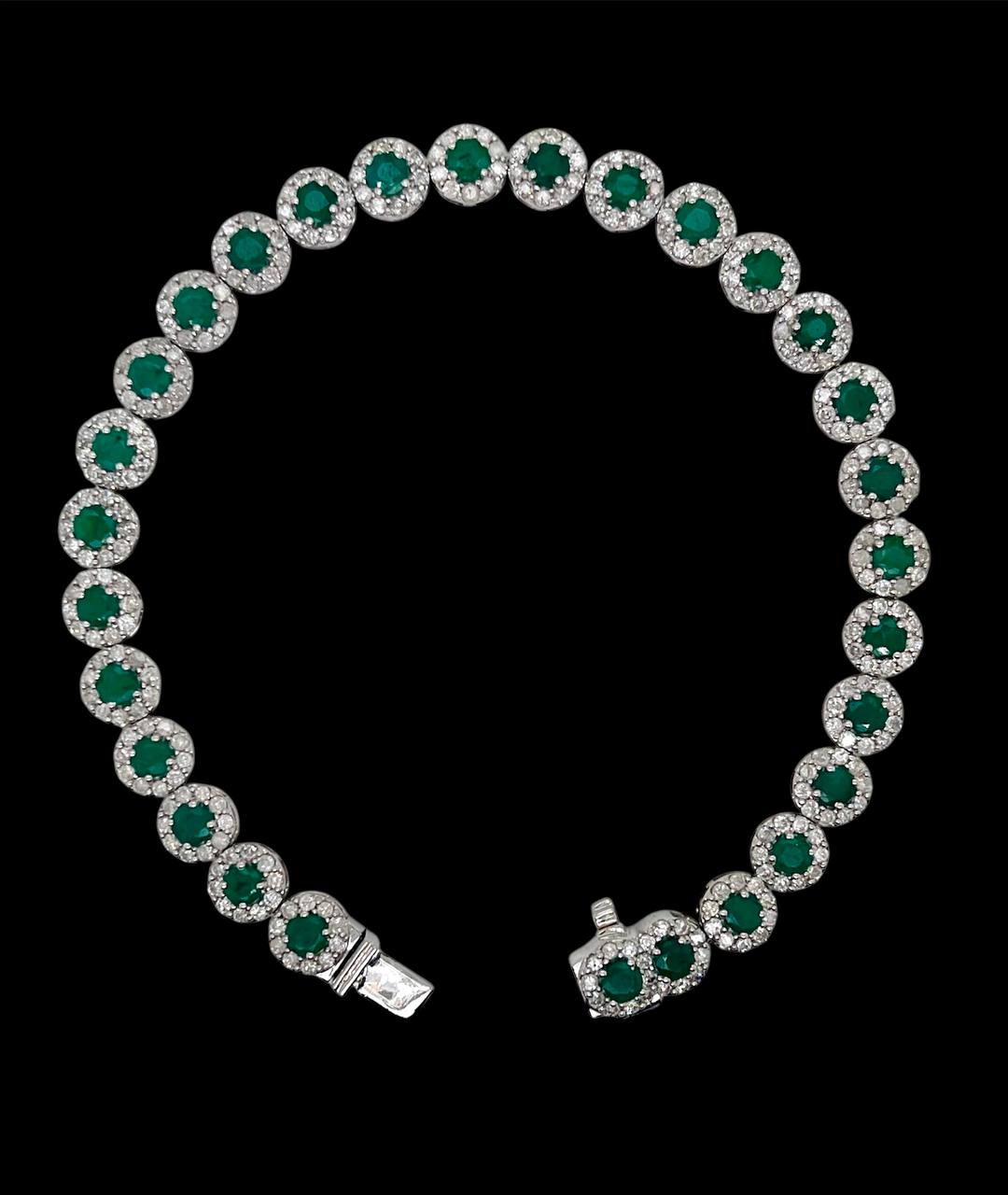 14K White Gold Natural Diamond and Emerald Cluster Tennis Bracelet 7.5"