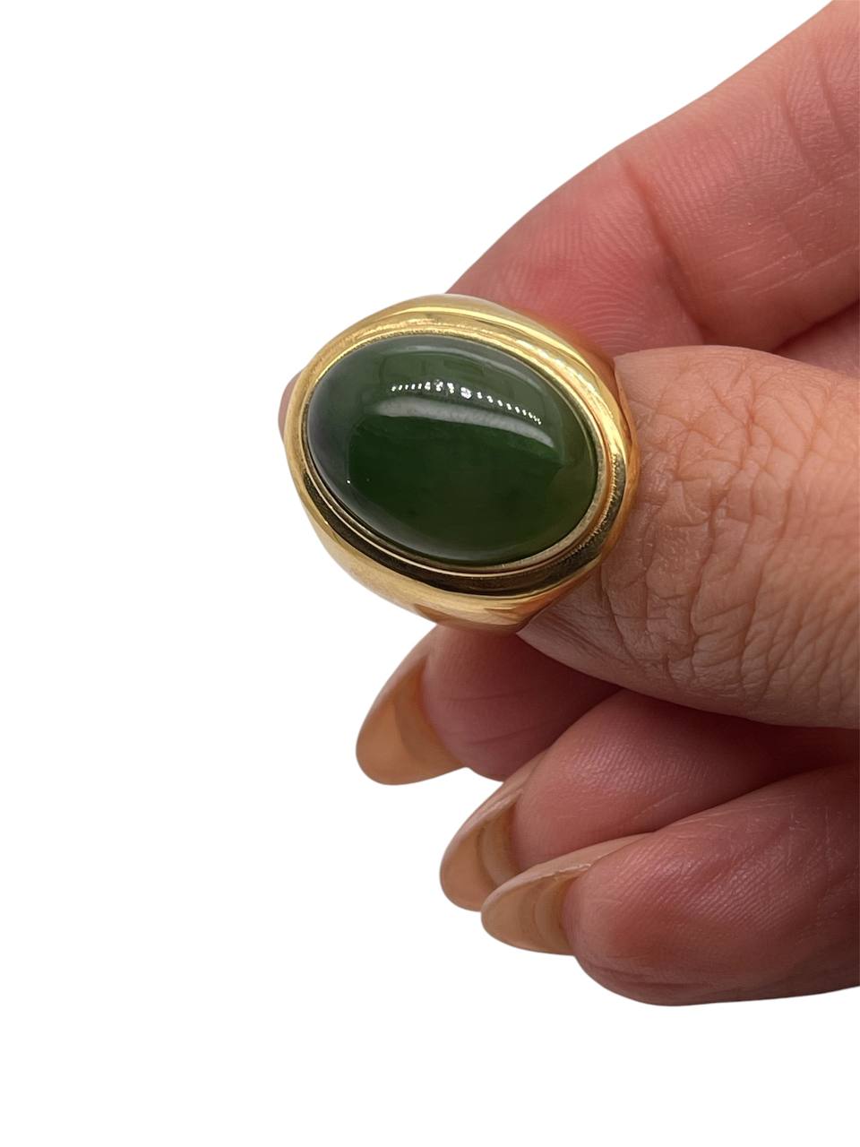 18K Solid Yellow Gold 9.96 TCW Natural Jade Men's Pinky Ring 8.4 Grams Size 8
