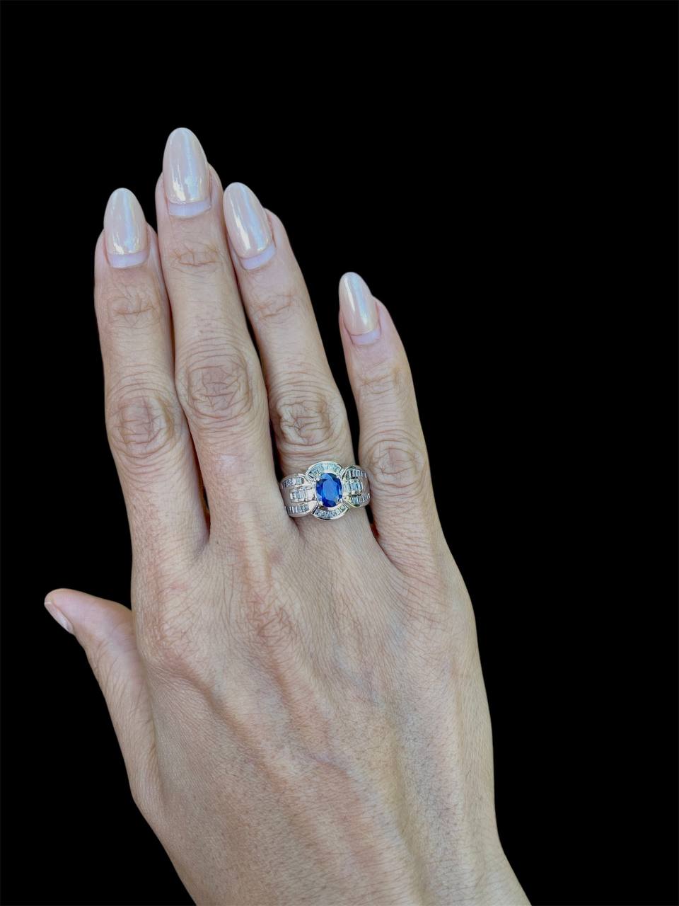 14K Solid White Gold 2.5 tcw Natural Sapphire and Diamond Women’s Wide Ring