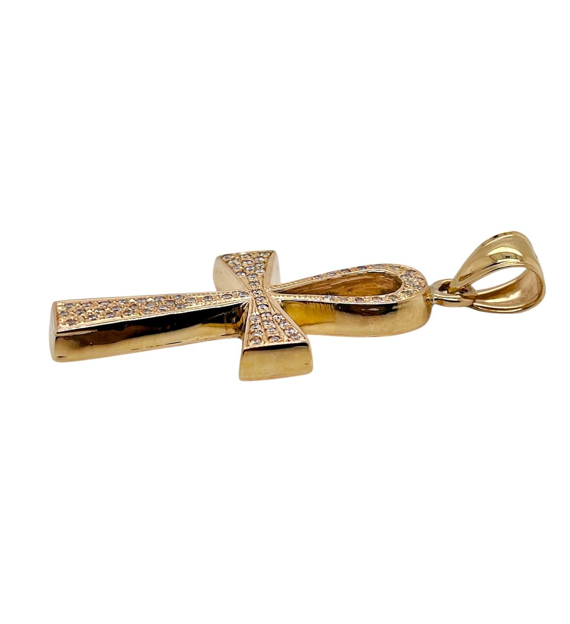 14K Solid Yellow Gold 0.75 Ct Natural Diamond Ankh Cross Pendant